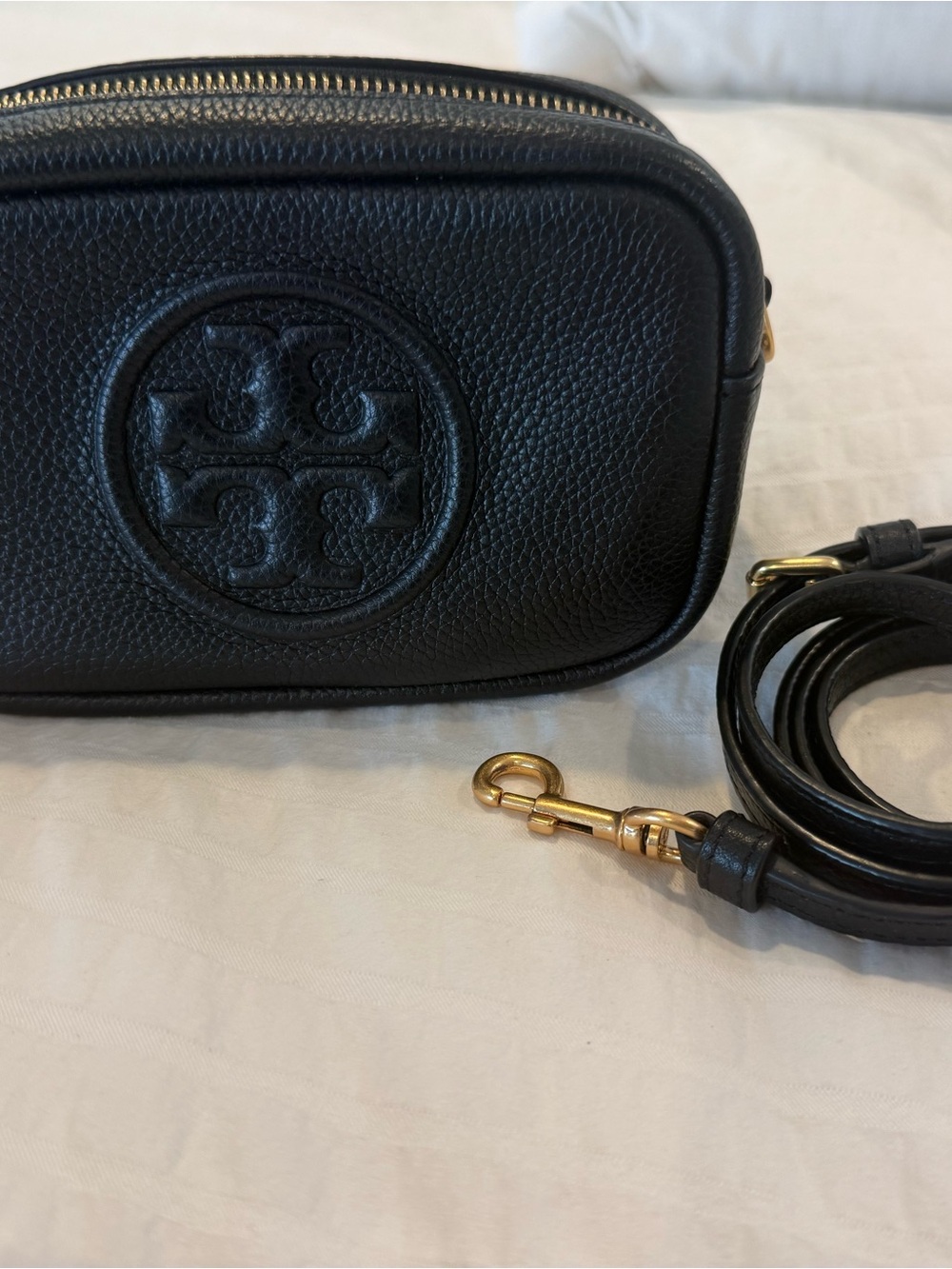 Tory Burch Black Pebbled Leather Camera Crossbody with Gold Hardware